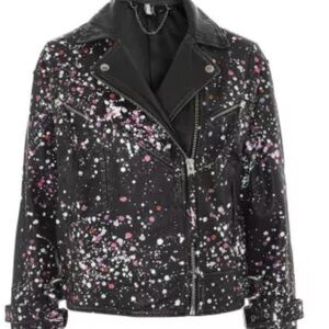 Topshop LEATHER Black Jacket with Silver Chain Detail and rhinestones